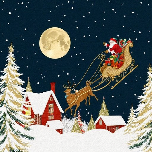 Christmas card style - Santa Claus flying over snowy village on Christmas Eve